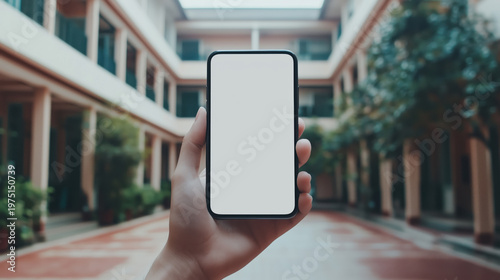 Person holding smartphone with blank screen in courtyard