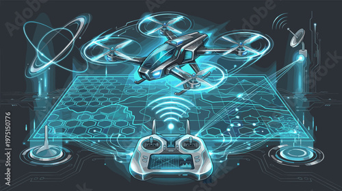 Futuristic drone illustration with remote control and a glowing holographic map. Concept for innovation, surveillance, mapping, and advanced autonomous technology.