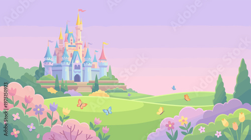 A magical fairytale princess castle in a pastel landscape with flowers and butterflies. A dreamy, whimsical vector illustration perfect for backgrounds, invitations, or kids' stories.