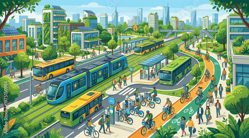 Illustration of a futuristic green city with sustainable public transport, solar panels, and people cycling. Concept for eco-friendly urban living, smart mobility, and community.