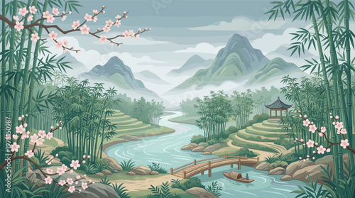 A serene Asian landscape illustration with a river, misty mountains, bamboo forest, and cherry blossoms. Ideal for travel, wellness, or cultural backgrounds.
