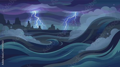 A dramatic vector illustration of a stormy sea at night. Turbulent waves crash as lightning strikes in the dark sky. Ideal for backgrounds about power, danger, or chaos.