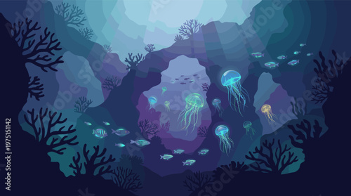 A vector illustration of a magical underwater cave. Glowing jellyfish and fish swim through a deep blue grotto, lit by sunbeams. Perfect for nature, fantasy, or science themes.