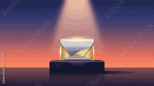 A futuristic silver and gold award on a pedestal, illuminated by a spotlight against a sunset gradient. Represents success, innovation, prize, and exclusive announcements.