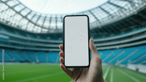 Person holding smartphone in stadium with blank screen