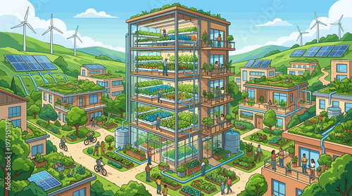 Illustration of a utopian eco-village with a vertical farm, solar panels, and wind turbines. A vision of sustainable community living, green technology, and urban agriculture.