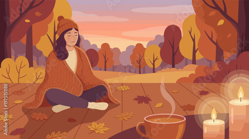 A woman meditates on a wooden porch in a calm autumn forest. Cozy scene with a warm blanket, steaming mug, and candles for wellness and relaxation concepts.
