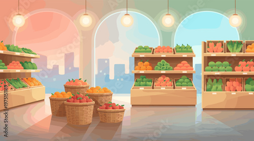 Empty grocery store aisle with fresh fruits and vegetables on shelves and in baskets. Bright, modern background for concepts of health, shopping, and food retail.