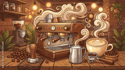 A warm, detailed illustration of a coffee making station. Perfect for cafe menus, coffee shop branding, websites, restaurant decor, or advertising materials.