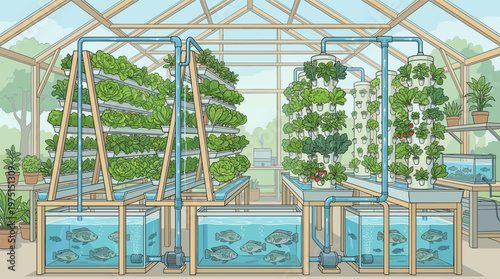 Illustration of a modern aquaponics system. A symbiotic environment of fish and plants growing in a greenhouse. Ideal for sustainable agriculture and urban farming concepts.