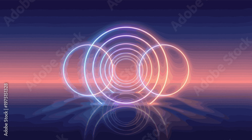 Futuristic digital background with glowing concentric neon circles over a calm, reflective surface. Modern and serene concept for technology, music, or web design.