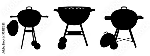 Barbecue grill set with black silhouette on crisp white background featuring grill, cooking, outdoor cuisine with heat and flame