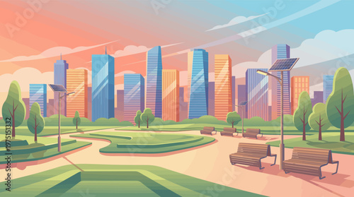 Vector illustration of a modern city park with solar-powered lights and a skyscraper skyline at sunset. Concept for sustainability, green energy, and smart urban living.