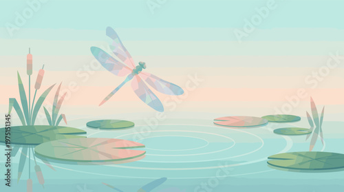 A serene illustration of a dragonfly hovering over a tranquil pond with lily pads. Calm, pastel colors create a peaceful mood. Ideal for wellness, nature, or spa concepts.
