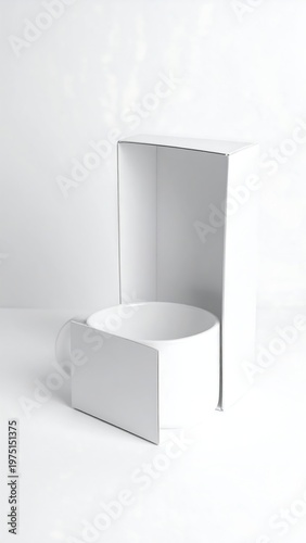 A white mug and its packaging sit against a plain background, creating a minimalist and serene composition