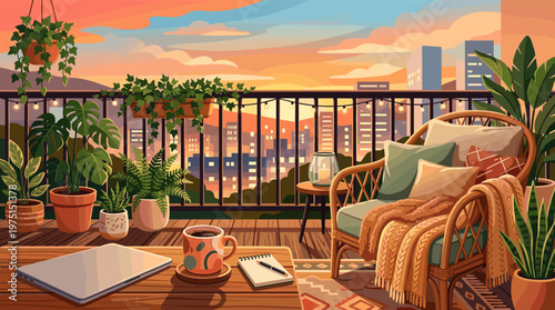 A tranquil urban balcony at sunset. Features a cozy armchair, plants, and coffee, creating a perfect remote workspace or relaxation spot. Warm, peaceful, hygge illustration.