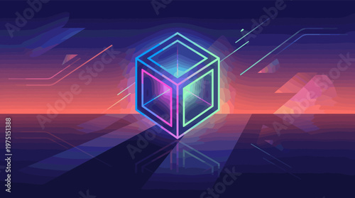 A luminous neon cube hovers over a reflective surface against a retro futuristic sunset. Abstract digital art for technology, metaverse, or crypto concepts. Vector illustration.