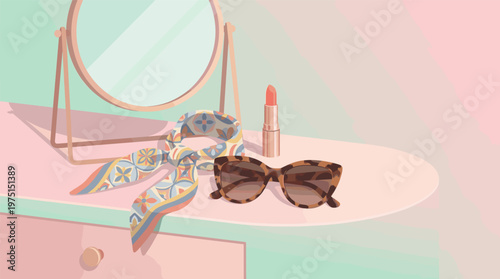 A stylish vector illustration of a vanity with sunglasses, lipstick, and a scarf. A chic, feminine scene perfect for beauty, fashion, and lifestyle concepts.