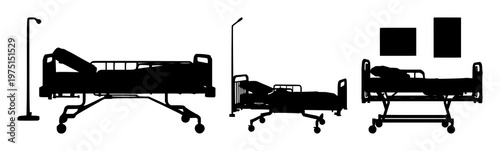 Hospital bed set with black silhouette on stark white background featuring healthcare, medical, patient care with inpatient beds and supportive pillows