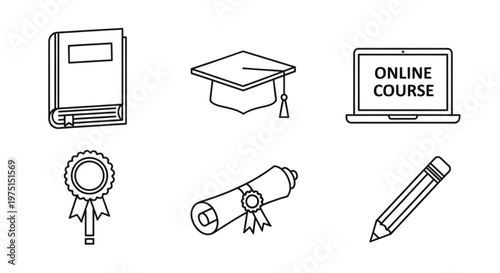 A minimalist vector graphic illustration of educational icons including a book, graduation cap, laptop, certificate, and pencil.