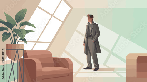 Stylish man in a coat stands alone in a modern, sunlit room. Flat vector illustration for concepts of business, waiting, loneliness, or interior design.