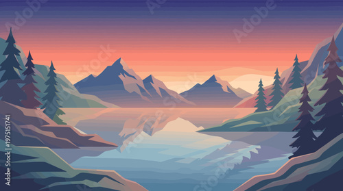 Serene flat design vector illustration of a mountain landscape at sunset. A calm lake reflects the colorful sky and peaks. Ideal for travel, nature, and wellness themes.