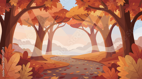 A beautiful vector illustration of an autumn forest path. Sunlight streams through orange trees. Perfect for seasonal backgrounds, nature themes, and peaceful designs.