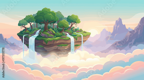 Dreamy landscape of a flying island with trees and waterfalls at sunrise. A serene, magical vector background for fantasy, adventure, or ecological themes.
