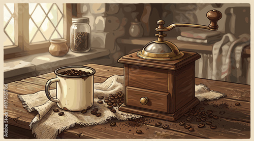 A charming illustration of a vintage coffee grinder, mug, and beans on a rustic wooden table. Warm, cozy, and nostalgic mood for cafes, blogs, or packaging.