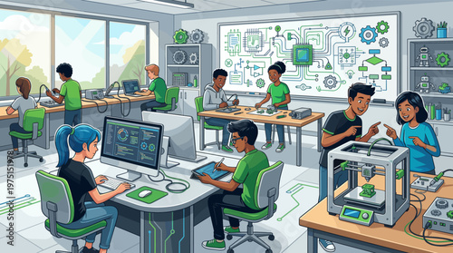 A diverse group of students collaborating in a modern STEM classroom. They are learning coding, 3D printing, and robotics. Perfect for education and technology concepts.