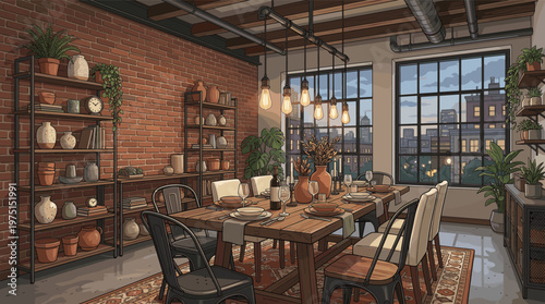 An illustrated industrial loft dining room set for dinner. The warm, cozy interior contrasts with the evening city view. Perfect for lifestyle, design, or food concepts.