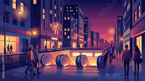 Vector illustration of a modern city street at night. People walk near a glowing subway entrance. Atmospheric and vibrant, perfect for urban life or commuting concepts.