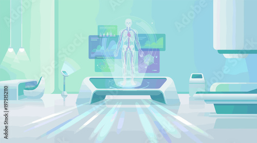 Illustration of a futuristic medical lab with a holographic human anatomy scan. High-tech concept for healthcare, science, and research innovation. Vector.