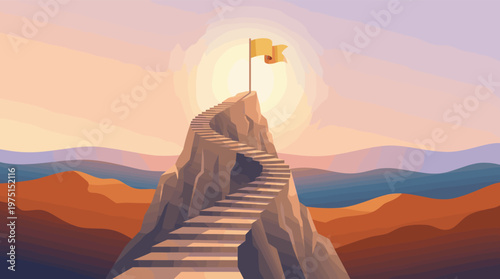 A vector illustration of a long, winding staircase leading to a flag on a mountain peak at sunset. A concept for success, career growth, goals, and ambition.