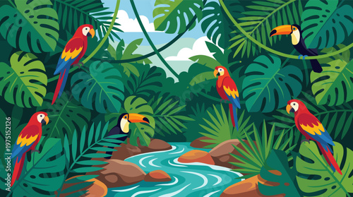 Vibrant vector art of a lush jungle with parrots and toucans by a river. This exotic scene with tropical foliage is great for travel, nature, or kids' designs.