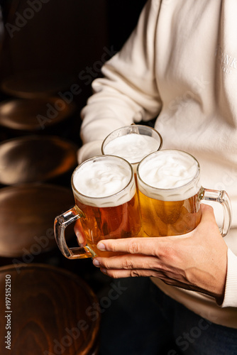 Fotografie Two beer mugs held together for cheers in cozy bar setting
Hands holding fresh d
