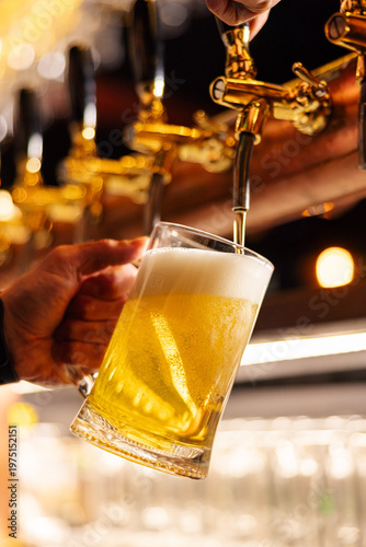 Fényképezés Draft beer pouring from tap into glass mug with foam
Close up of bartender pouri