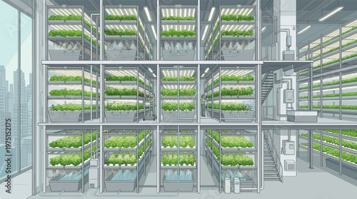 Illustration of a modern vertical farm with hydroponic systems growing greens. A worker tends plants in a futuristic urban agriculture facility. Concept for agritech, sustainability.