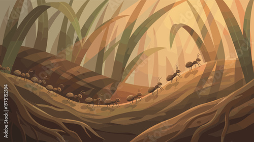 Illustration of ants marching on a root. Concept for teamwork, perseverance, and nature. Warm, earthy tones create a focused mood. Great for business or educational use.