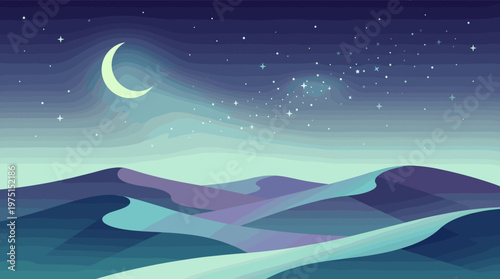 A tranquil vector illustration of a desert at night. Rolling sand dunes under a magical starry sky with a crescent moon. Ideal for backgrounds, web, or fantasy themes.