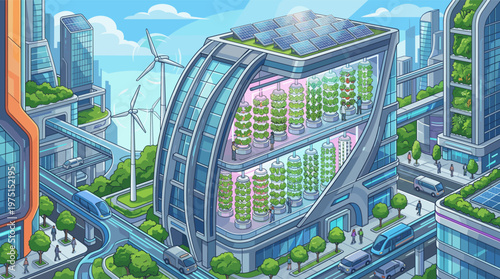 Illustration of a futuristic eco city with a vertical farm, solar panels, and wind turbines. Sustainable urban living with green technology and modern transportation.