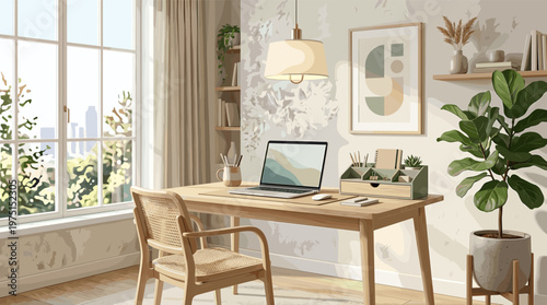 Calm and bright home office illustration. Features a wooden desk, laptop, and plants by a window. Ideal for remote work, design, and lifestyle concepts.