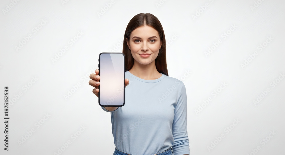 Naklejka premium A young woman holding up a smartphone with a blank screen in a studio setting