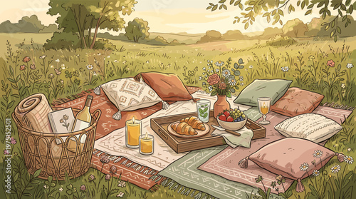 A charming illustration of a romantic picnic in a field. Features a boho setup with food, wine, and candles for a cozy, peaceful, and relaxing vibe. Perfect for lifestyle concepts.