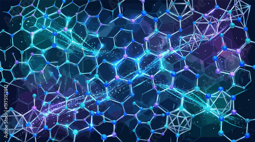 Abstract illustration of a glowing molecular grid. Futuristic background for science, technology, chemistry, or big data concepts. Network of atoms and connections.