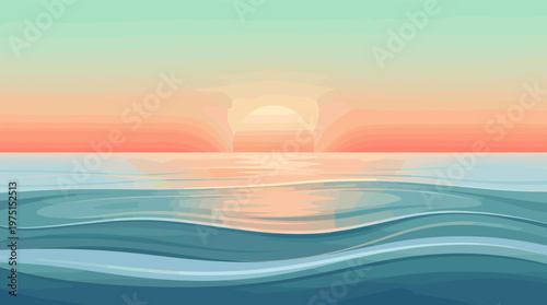 A beautiful, abstract illustration of a sunset or sunrise over calm ocean waves. The serene, pastel color palette is perfect for backgrounds, travel blogs, or wellness concepts.