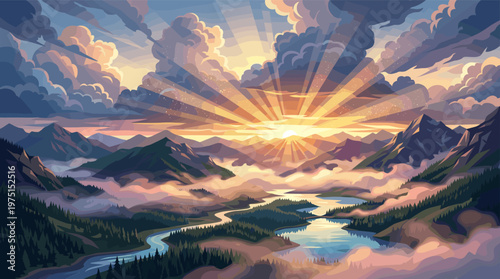 A breathtaking digital illustration of a sunrise over a misty mountain valley. Sunbeams pierce through clouds, illuminating a river. Ideal for hope, adventure, or spiritual themes.