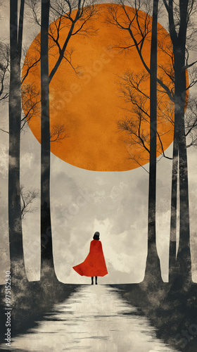 Woman in red cape stands in enchanted forest with giant orange moon