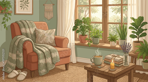 A cozy illustrated living room with an armchair, blanket, plants, and coffee. Warm, relaxing scene for home decor, wellness, and hygge lifestyle concepts. Sunlight from window.