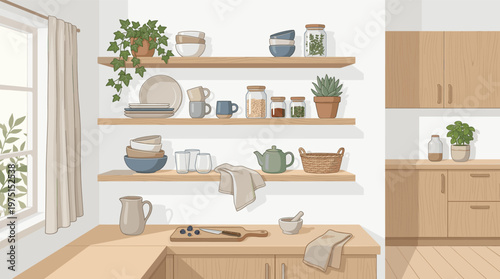 A cozy, illustrated kitchen interior with open wooden shelves, dishes, plants, and natural light. Perfect for home decor, food blogs, or lifestyle concepts.